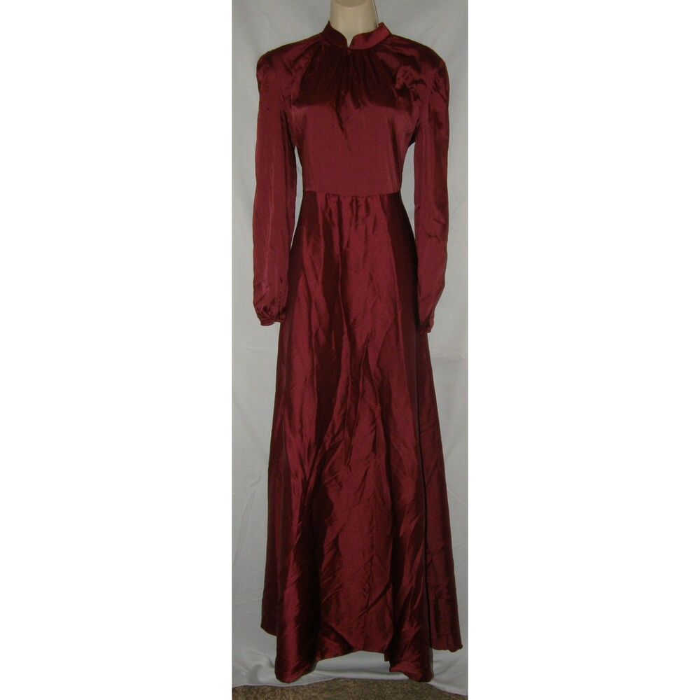 NEW Burgundy Sz 6 High Neck Satin Long Sleeve Modest Maxi Dress ANNAH HARIRI
